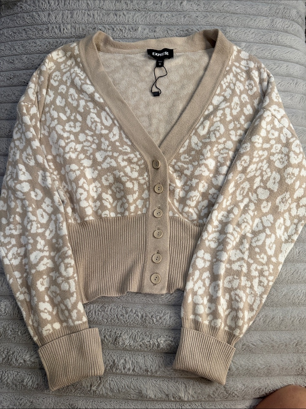Express Beige and Cream Leopard-Print V-Neck Button Cardigan